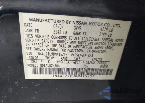 2008 Nissan Altima 2.5 S from USA, damaged, VIN 1N4AL21E98N415257